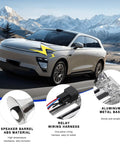 Riproaring 12V Dual Electric Air Horn Street Ready Kit with waterproof silver trumpets mounted on a car in a scenic mountain landscape.