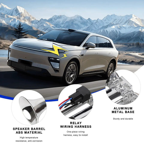 Riproaring 12V Dual Electric Air Horn Street Ready Kit with waterproof silver trumpets mounted on a car in a scenic mountain landscape.
