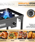 Go To Two Burner Outdoor Camp Stove With Wind Panel And 150000 BTU Propane Burner flame and control knob close-up
