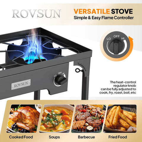 Go To Two Burner Outdoor Camp Stove With Wind Panel And 150000 BTU Propane Burner flame and control knob close-up
