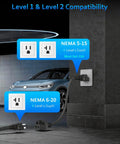 Portable Level One and Level Two EV Charger ETL Certified 12 and 16 Amp plugged into NEMA outlets near electric car