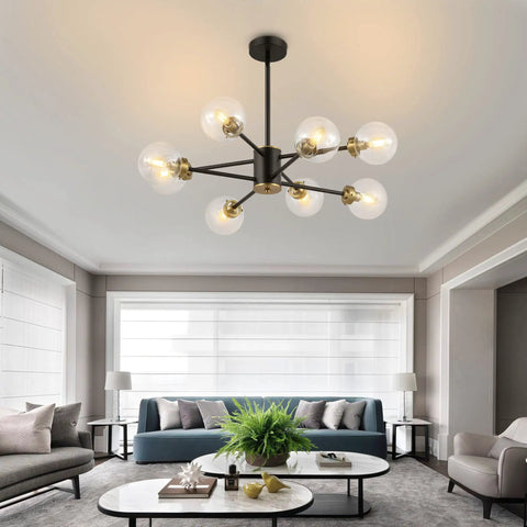 8 Light Sputnik Chandelier Pendant Light With 4.7 Inch Clear Glass Globe Shades For Flat Or Sloped Ceilings Height Adjustable Modern Fixture