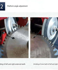 Professional Shop Grade Electric Circular Saw Blade Sharpening Machine With Water Injection Cooling Setup And Independent Dual Axis Tilt Table For Carbide And Aluminum Blades focused on platform angle adjustment for precise grinding.