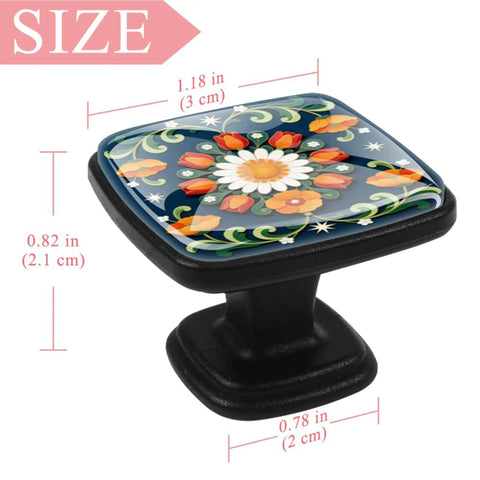 4 Piece Square Drawer Pulls And Cabinet Knobs Set With Dope Colorful Daisy Tulip Floral Pattern For Cabinets And Drawers Easy Install Rust Resistant ABS And Glass Handles With Stainless Steel Screws Included, size dimensions shown