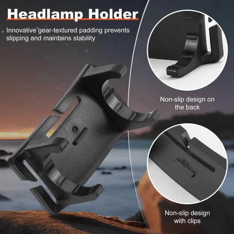 5 Pack Headlamp Holder Clip Mount For 22mm To 26mm LED Headlamps showing anti-slip gear bracket design at sunset.