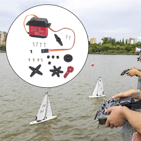 Heavy Duty Digital Servo With Solid Metal Gears Pushing A Sick 25kg Of Pure Torque To Crush Any Off Road Track On Rc Cars Boats And Robot Kits Built Tough For Splash Out And Muddy Trails So You Rip Every Time, displayed with components on water.