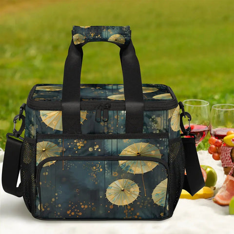 Insulated Picnic Backpack With Lunch Box For Women And Men, large portable picnic bag with umbrella design, on picnic blanket.