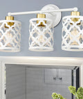 Modern Brushed Gold And White Vanity Light With Metal Cage, 3 Light Wall Sconce Over Mirror, E26 Bulbs Required