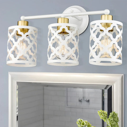 Modern Brushed Gold And White Vanity Light With Metal Cage, 3 Light Wall Sconce Over Mirror, E26 Bulbs Required