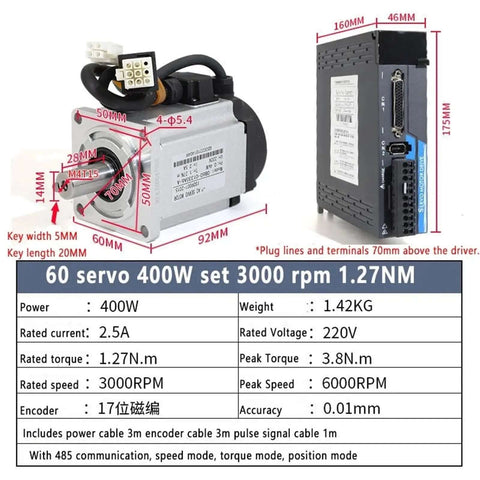 Beefy 400W AC Servo Drive Kit with 3000 RPM 60 flange, 17-bit magnetic encoder, and 3 meter encoder cable, shown with dimensions.