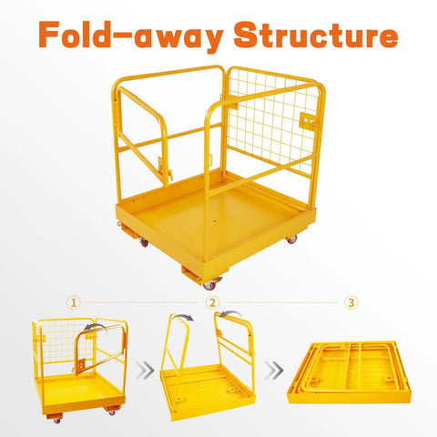 Front view of a yellow forklift safety cage (36x36 in) with mesh side panel and four caster wheels.