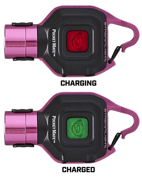 Pocket Mate 325 Lumen USB Rechargeable Flashlight With Clip On Keychain showing charging status lights, pink body