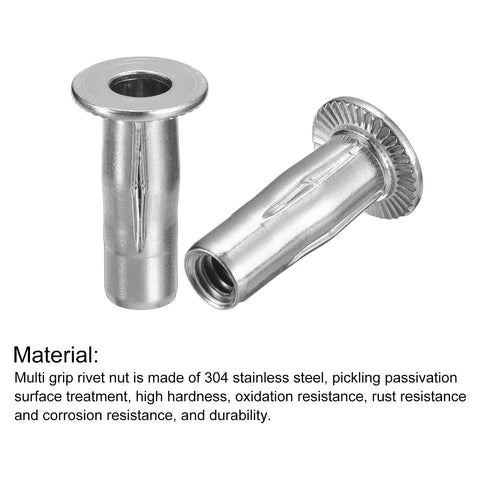 Dead Strong 1/4-20 Multi Grip Rivet Nuts With Pre Bulbed Shank For Lock Tight Threads In 304 Stainless Steel, showing two nuts.