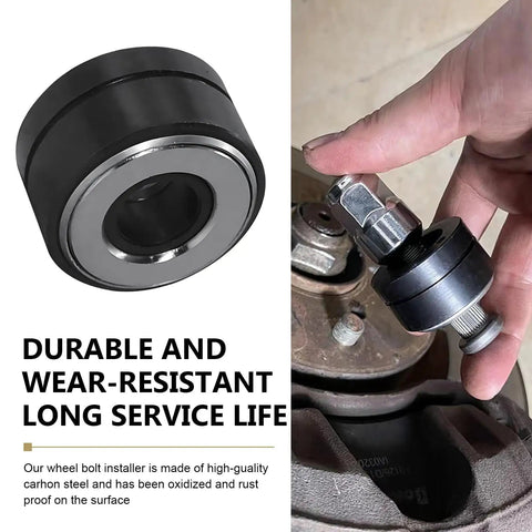 Heavy Duty Wheel Stud Installer Tool for Cars, SUVs and Light Trucks in hand, high carbon steel, anodized finish, durable design.