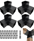 3 Way Pergola Brackets Kit For 5.5x5.5 To 6 Inch Lumber Outdoor Use Heavy Duty Galvanized Steel Corner Brackets With Matte Black Powder Coat For DIY Projects Pergolas Gazebos Logs Cabins 4 Pack displayed with screws and drill bit