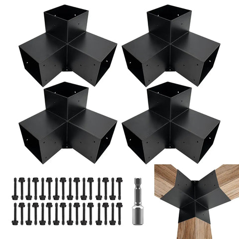 3 Way Pergola Brackets Kit For 5.5x5.5 To 6 Inch Lumber Outdoor Use Heavy Duty Galvanized Steel Corner Brackets With Matte Black Powder Coat For DIY Projects Pergolas Gazebos Logs Cabins 4 Pack displayed with screws and drill bit