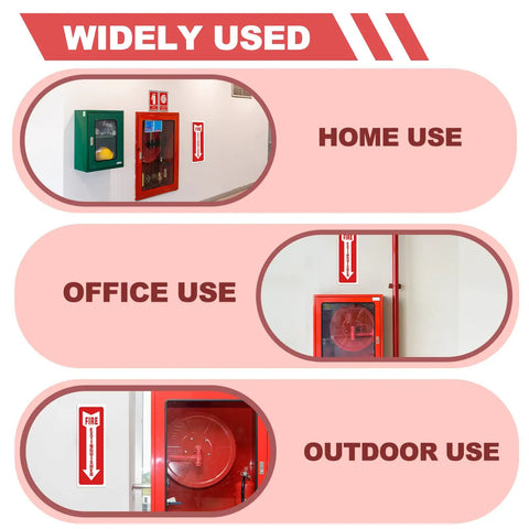 Image showcasing Fire Extinguisher Stickers 4x12 Inch Pack Of 5 Signs With Arrows for various uses like home, office, and outdoor.