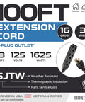 Three Outlet Outdoor Power Strip Go To Extension Cord 100 Ft Heavy Duty 16/3 Black Weatherproof 3 Prong Cord For Lawn Tools