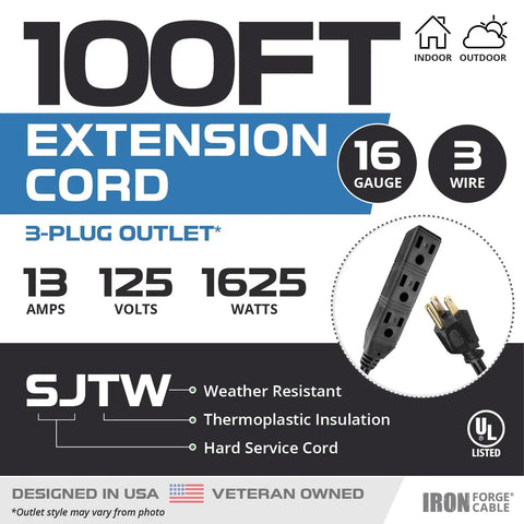 Three Outlet Outdoor Power Strip Go To Extension Cord 100 Ft Heavy Duty 16/3 Black Weatherproof 3 Prong Cord For Lawn Tools