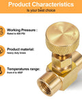 Front view of brass needle valve with knurled adjustment knob and 1/4 in NPT female connections