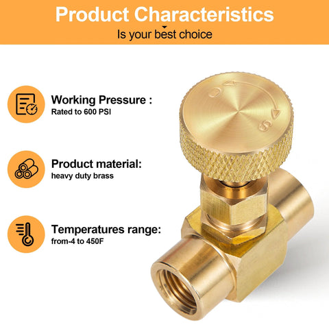 Front view of brass needle valve with knurled adjustment knob and 1/4 in NPT female connections