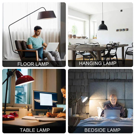 Collage showing lamps: floor lamp with man, hanging lamp over dining table, table lamp by computer, bedside lamp with man