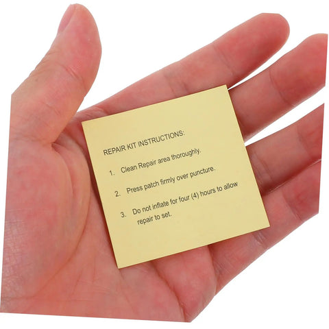 Hand holding repair instructions for Heavy Duty Repair Tape Patch Kit For Inflatable Tents Pools Air Mattresses And Vinyl Seals.