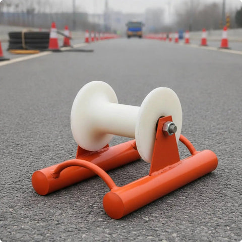 Heavy Duty Cable Guide Wheel For Straight Run Wiring Wire Pulley Roller With 200mm Wide Wheel Clamp And Cylindrical Pipe Socket For Electricians Pro Grade Conduit Routing Tool on asphalt
