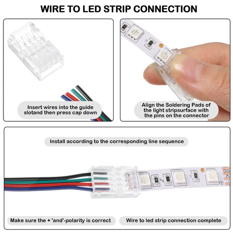 Visual guide for using 20 Pcs 4 Pin 10mm LED Strip Connectors Waterproof Adapter 22 AWG Wires For RGB Strip Lights