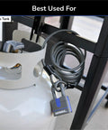 Beefy Heavy Duty Flexible Steel Loop Cable With Vinyl Coated Wrap For Corrosion Protection Six Feet Long Quarter Inch Diameter Gray Finish 1500 Pound Break Strength Great For Securing Gear And Equipment shown securing gas tank