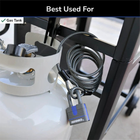 Beefy Heavy Duty Flexible Steel Loop Cable With Vinyl Coated Wrap For Corrosion Protection Six Feet Long Quarter Inch Diameter Gray Finish 1500 Pound Break Strength Great For Securing Gear And Equipment shown securing gas tank