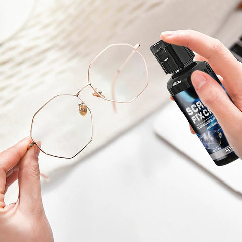 Person holding 30ml Eyeglass Scratch Repair Kit With Sponge Polishing Compound next to eyeglasses for glasses and screens