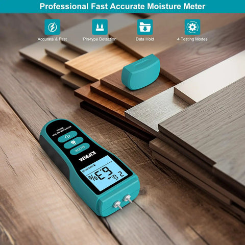 Pin Type Moisture Meter For Wood Walls Drywall Concrete And Paper With Digital LCD Readout Temperature In C F Hold Function Four Material Modes And Replacement Pins Included WM02 Pro Grade Handy Tool For Quick Accurate Readings, on wood boards