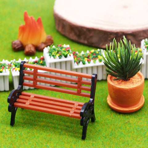 Eight Piece 1 To 24 Scale Mini Park Street Bench Set For Dollhouse And Fairy Garden, brown bench with potted plant and fence