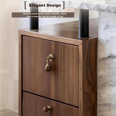 Antique Tear Drop Walnut Drawer Pulls Set Two Pack With Screws on wooden cabinet, highlighting vintage pendant design and rustic style.