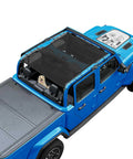 Installed Coverspec JT top sun shade roof for Jeep Gladiator 4-door; black mesh, full-length