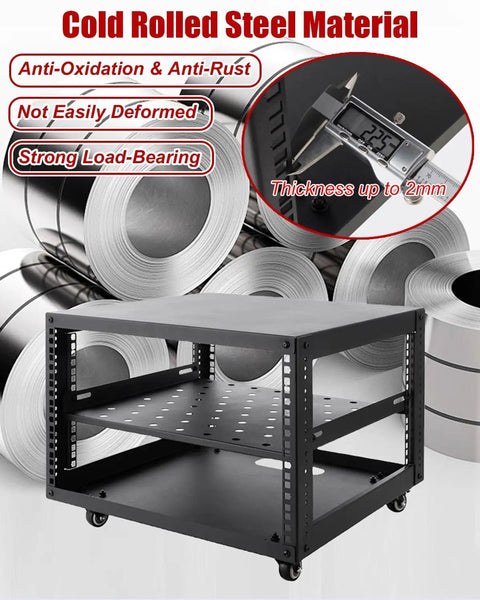 Heavy Duty Open Frame Server Rack With Smooth Rollin Wheels And No Sweat Cooling Shelves For 20U IT AV Gear, cold rolled steel build, sturdy design.