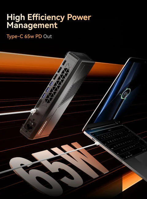 Next Level External GPU Docking Station With AMD Radeon 7600M XT Graphics And Eight GB Memory serving Type-C 65w PD out to a laptop.