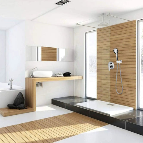 CUTPOIY Luxury Chrome Concealed Shower System - Round Wall-Mounted Rain Shower Set with Brass Mixer in modern bathroom design.