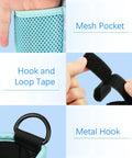 Close-up of Ultimate Golf Push Cart Organizer Bag features: mesh pocket, hook and loop tape, and metal hook, Aqua Geometric design.