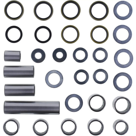 Swing Arm Linkage Bearing Kit For KTM SX F 250 2011 2012 2013 2014 2015 2016 2017 2018 Pro Grade Rebuild Set With Needle Bearings Case Hardened Bushings And Precision Ground Components For Smooth Power Delivery And Long Lasting Durability. Kit parts laid out on white background
