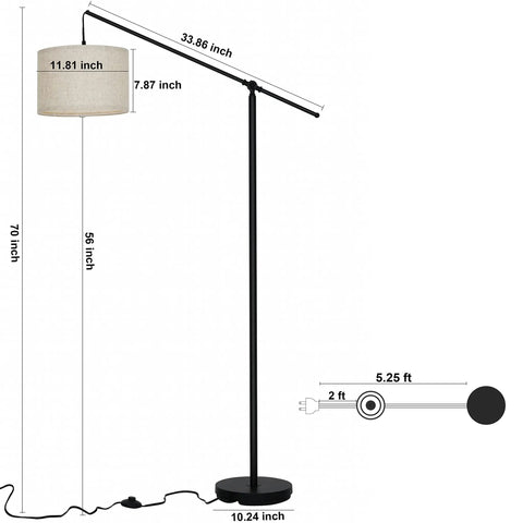 Arc Floor Lamp With Cantilever Arm For Couch And Reading Nook, Adjustable Height, Natural Linen Drum Shade, Matte Black Metal Pole