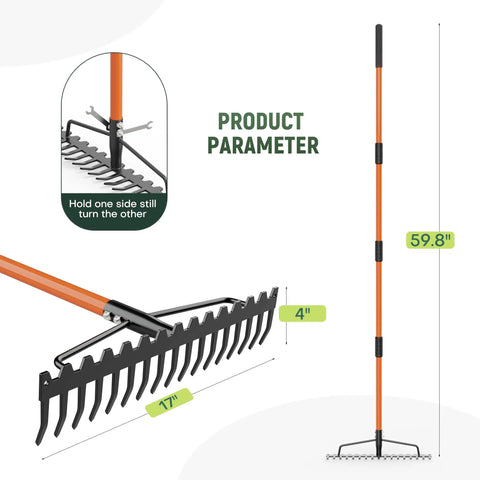 63 Inch Heavy Duty Bow Rake With 17 Tine Metal Head And Adjustable Handle for lawn care, shown with dimensions