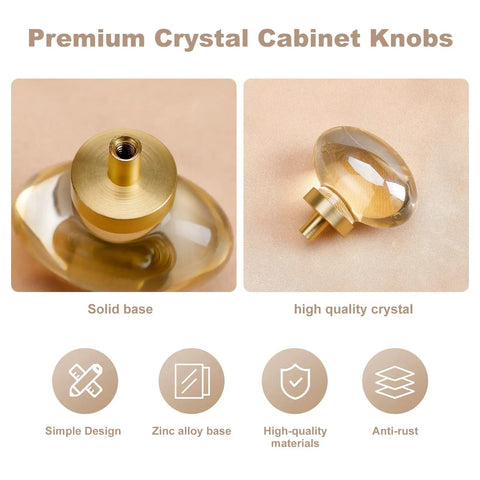 Champagne Crystal Cabinet Knobs Set Of Eight In Gold Glass Finish for dresser drawers shown with solid base and high-quality crystal