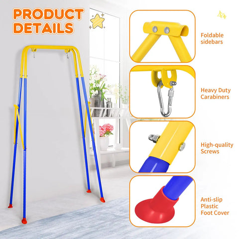 Beefy Heavy Duty Foldable A Frame Swing Stand For Backyard And Indoor Outdoor Use Metal Hammock Chair Stand Frame Portable Quick Assembly In Minutes Blue Finish, close-up on details of foldable sidebars, carabiners, screws, and foot cover