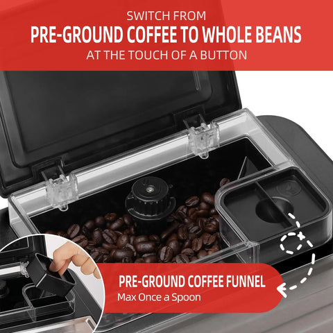 Hassle Free Fully Automatic Espresso Maker With Integrated Grinder And Fast Foam Milk Frother touchscreen detail showing bean compartment.