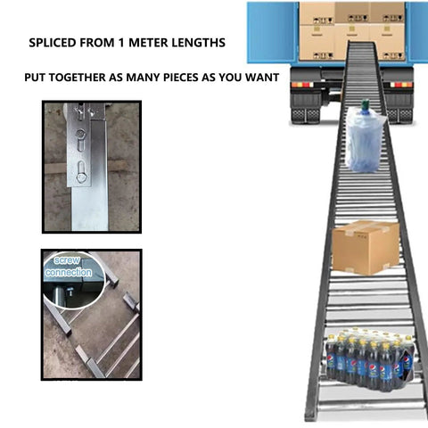 Heavy-Duty 40Cm Stainless Steel Roller Conveyor With 13 Foot Length transporting goods including boxes and bottles.
