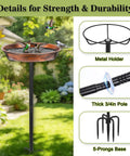 Heavy Duty Metal Bird Bath For Outdoors With 12 Inch Diameter Bowl Rustproof Waterproof Coating Sturdy 5 Prong Base