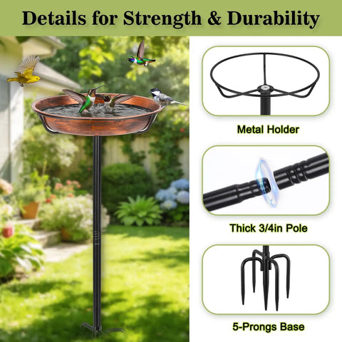 Heavy Duty Metal Bird Bath For Outdoors With 12 Inch Diameter Bowl Rustproof Waterproof Coating Sturdy 5 Prong Base