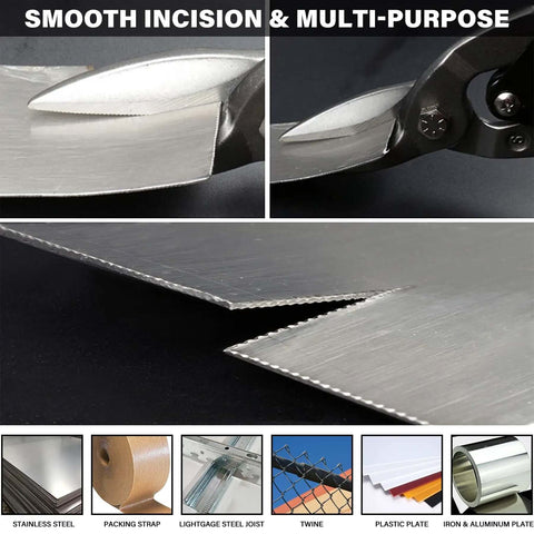 Close-up of Three Pack Aviation Tin Snips cutting metal sheets with CRV steel blades, demonstrating smooth incision and multi-purpose use.